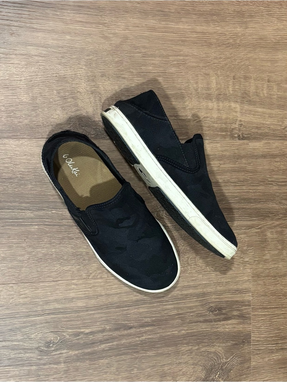 OluKai Black Canvas Slip-On Sneakers with White Sole size 7
